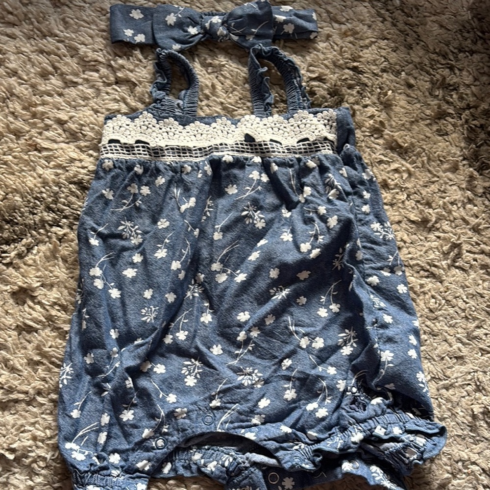Lucky Brand - Blue Floral Baby Romper with Headband - 6-9 months